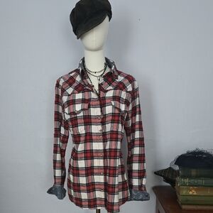 Red Plaid Snap Front Western Style Flannel Shirt